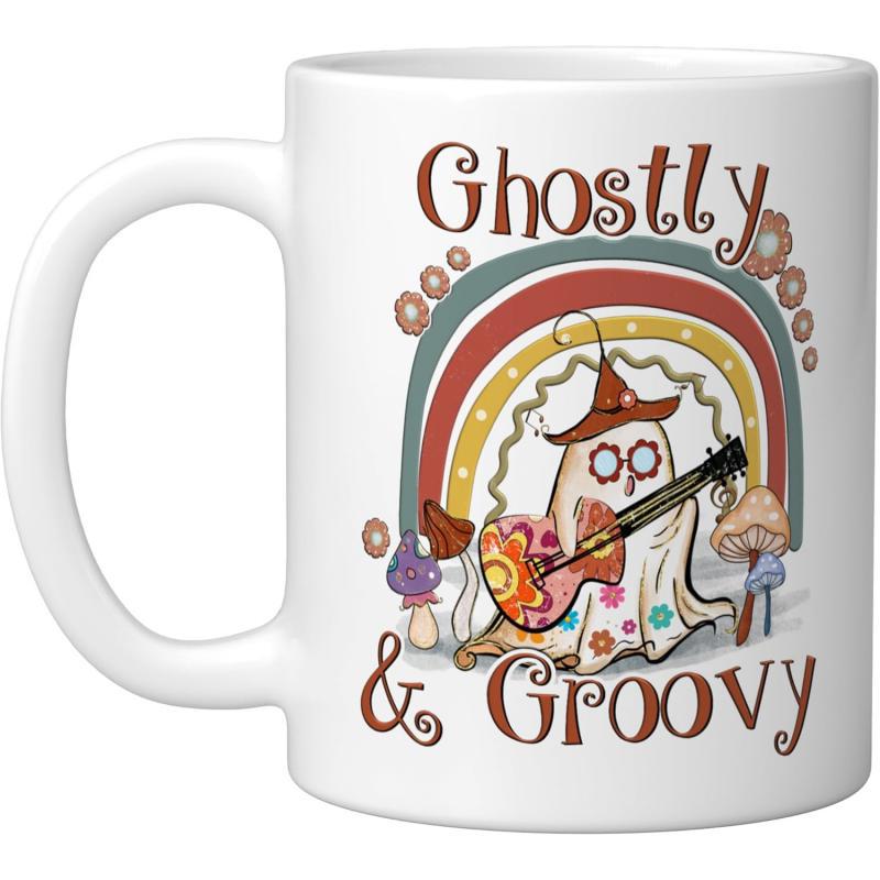 Tailorly White Ceramic 11 oz Mug - Ghostly Groovy Retro Rainbow With Musical Guitar Surrounded By Small Mushrooms And Flowers Ghost
