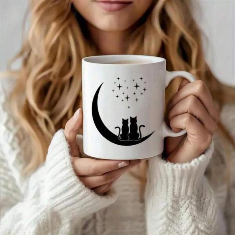 Tailorly White Ceramic 11 oz Mug - Two Black Silhouettes Resting On A Crescent Moon Under Twinkling Stars Cat