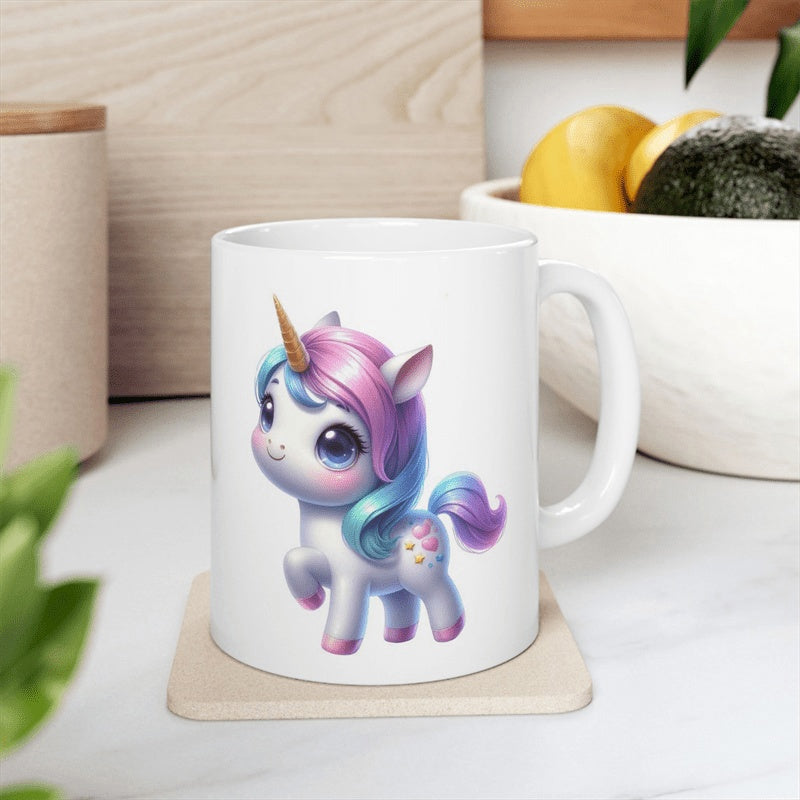 Tailorly White Ceramic 11 oz Mug - Adorable Cartoon Fantasy Creature With Colorful Mane And Golden Horned Unicorn
