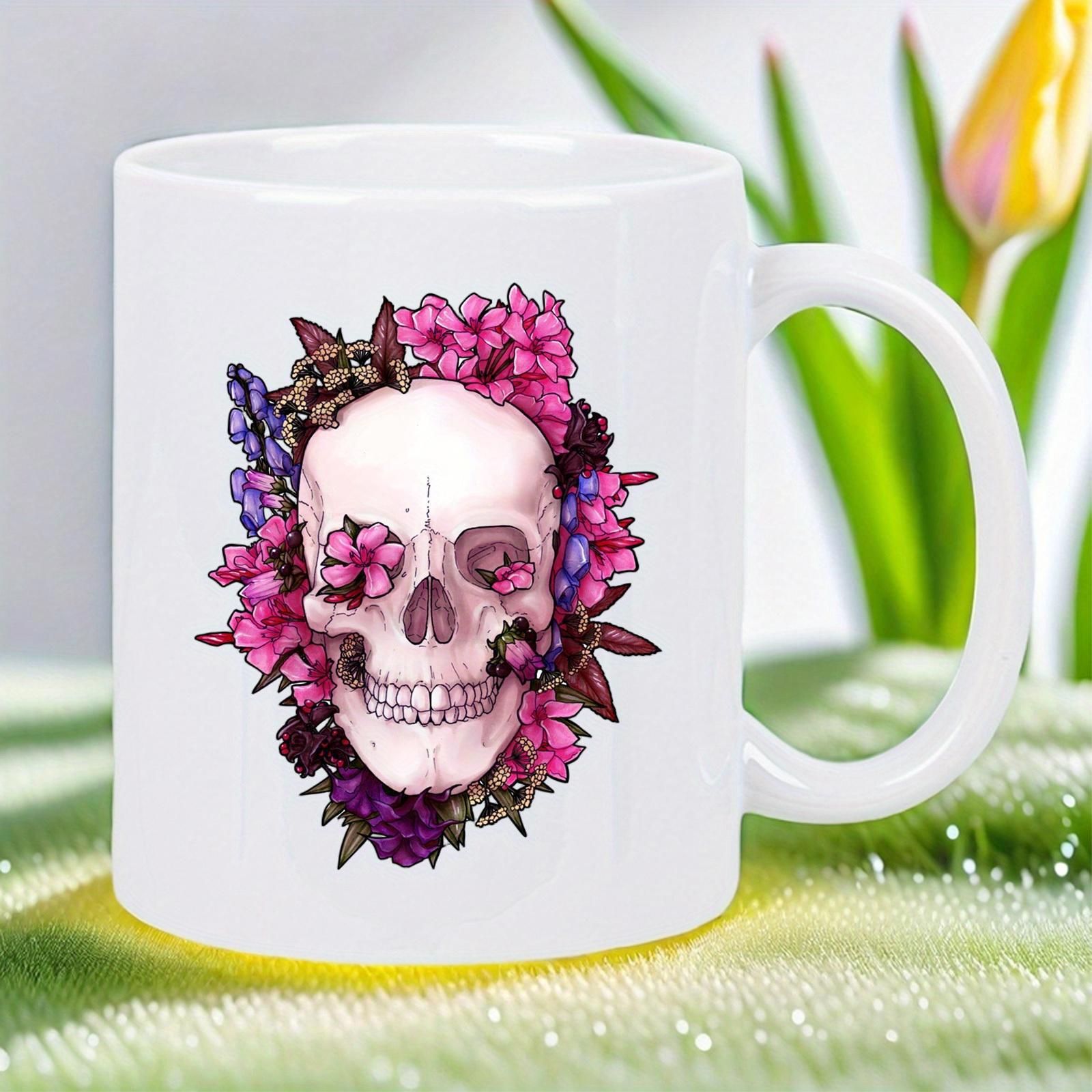 Tailorly White Ceramic 11 oz Mug - Intricate Floral Arrangement With Vibrant Pink Blooms Encircling A Human Realistic Skull