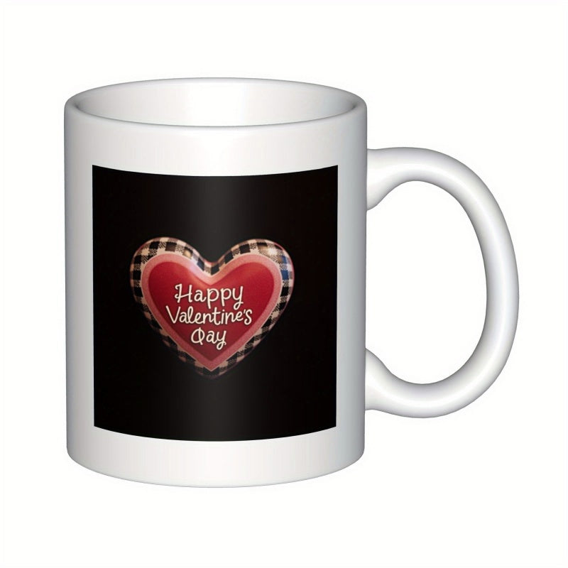 Tailorly White Ceramic 11 oz Mug - Happy Valentine's Day Festive Red Patterned Buffalo Plaid Border Inside A Black Square Shape Heart