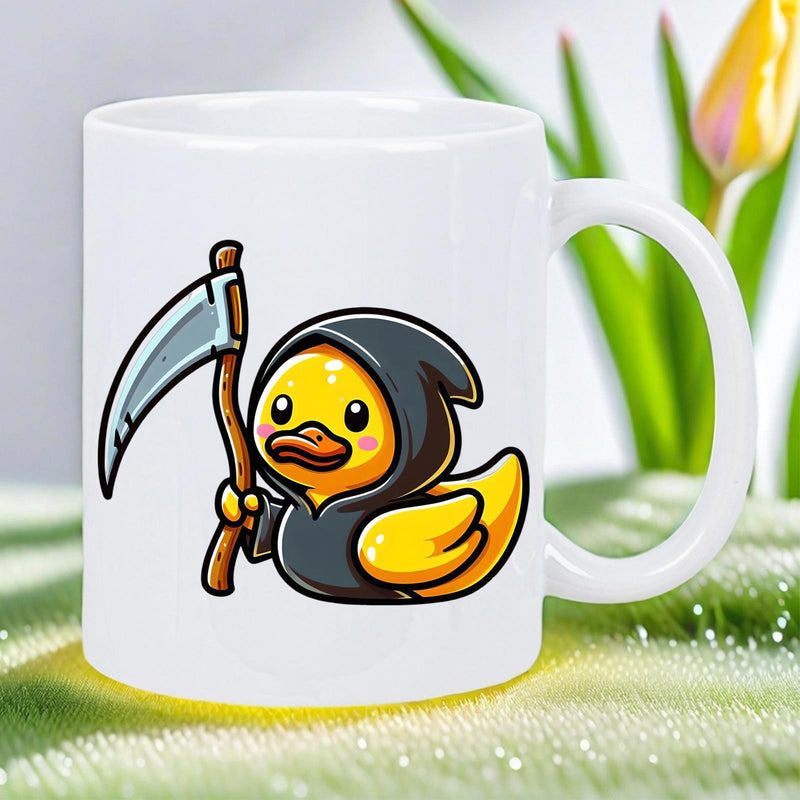 Tailorly White Ceramic 11 oz Mug - Cute Yellow Bird Wearing Dark Reaper Cloak Holding Sharp Wooden Scythe Duck