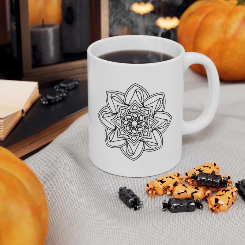 Tailorly White Ceramic 11 oz Mug - Intricate Black Circular Geometric Mandala Pattern With Symmetrical Detailed Petals Mandala