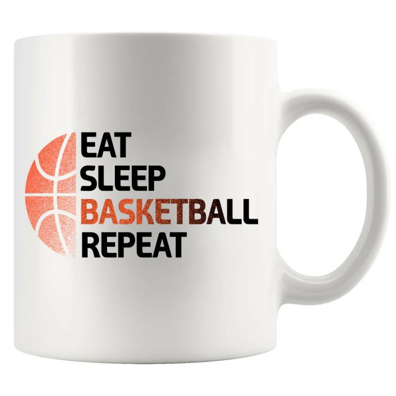 Tailorly White Ceramic 11 oz Mug - Eat Sleep Basketball Repeat Stylized Half Basketball Graphic Featuring Bold Modern Sans Serif Typography Basketball