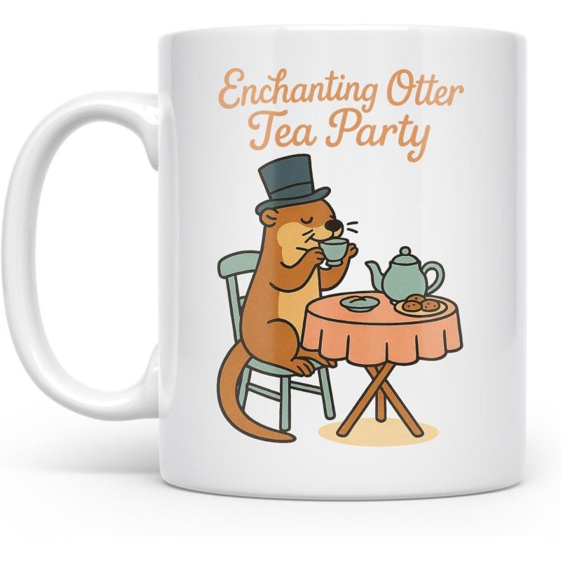 Tailorly White Ceramic 11 oz Mug - Enchanting Otter Tea Party Distinguished Otter Wearing Top Hat Drinking Tea At Small Table Otter