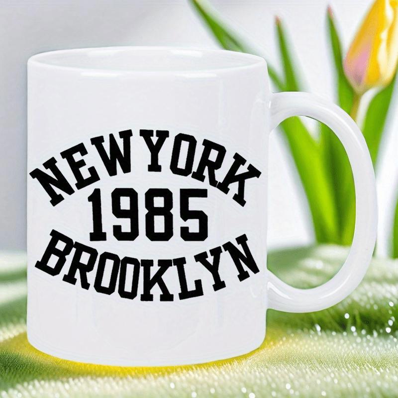 Tailorly White Ceramic 11 oz Mug - New York 1985 Brooklyn Classic Athletic Block Typography Featuring Arched Vintage Style Black Lettering Mug