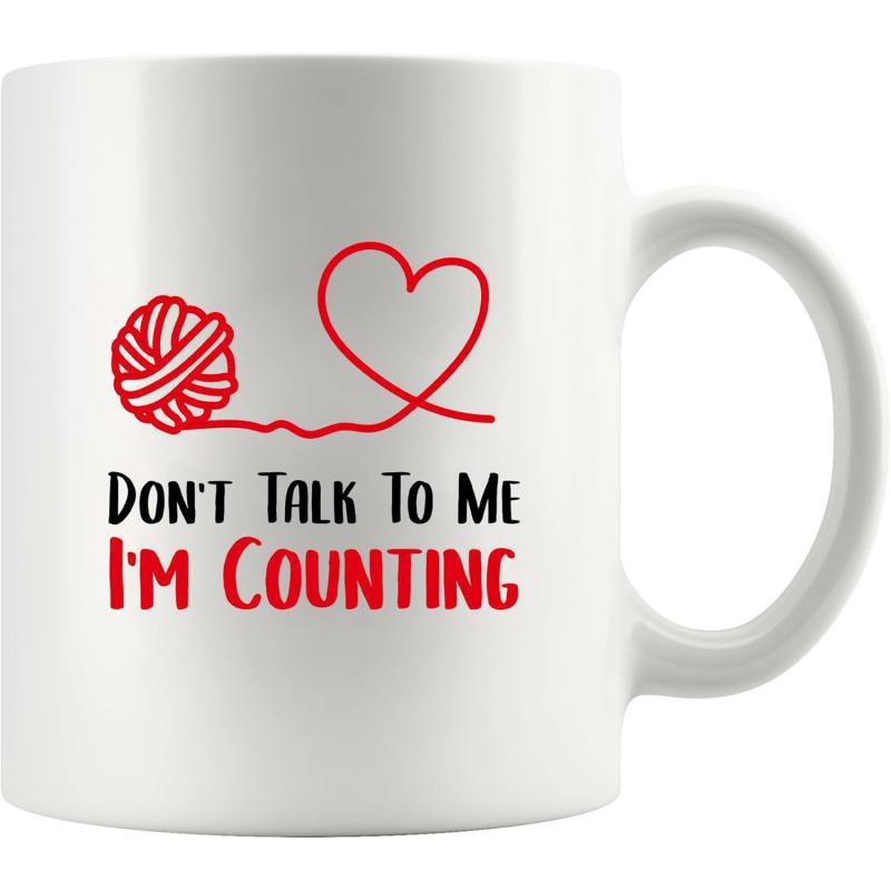 Tailorly White Ceramic 11 oz Mug - Dont Talk To Me Im Counting Red Yarn Ball With Connected Thread Forming A Heart Mug