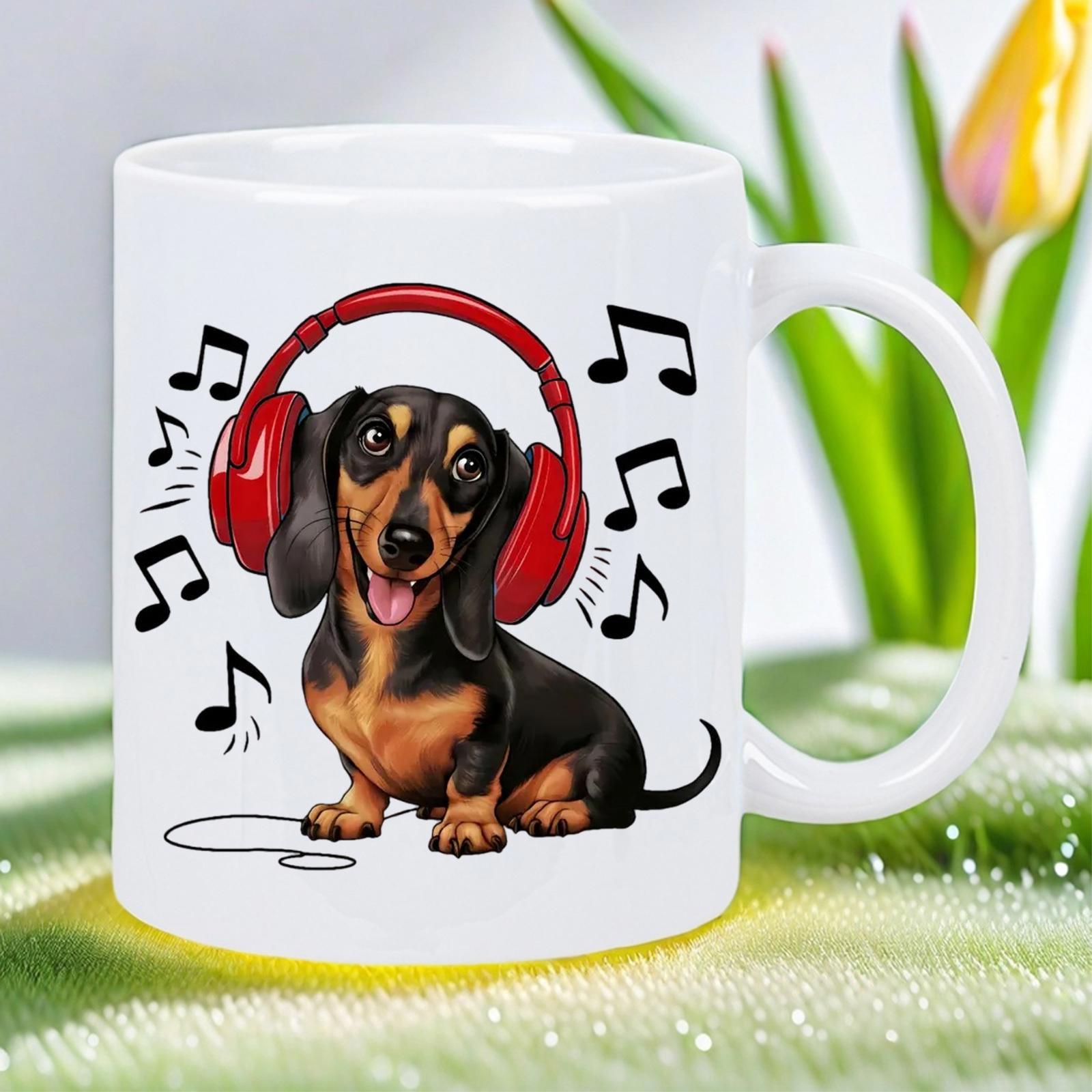 Tailorly White Ceramic 11 oz Mug - Adorable Black And Tan Puppy Wearing Red Headphones Among Musical Notes Dachshund
