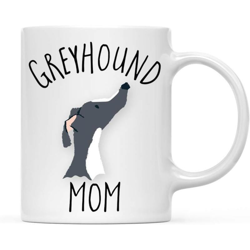 Tailorly White Ceramic 11 oz Mug - Greyhound Mom Minimalist Dark Grey Dog Profile Facing Upwards On A White Surface Greyhound