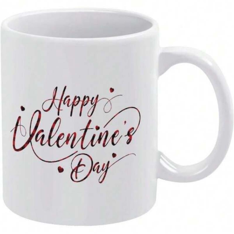 Tailorly White Ceramic 11 oz Mug - Happy Valentines Day Elegant Script Decorated With Romantic Hearts And Artistic Swirls Heart