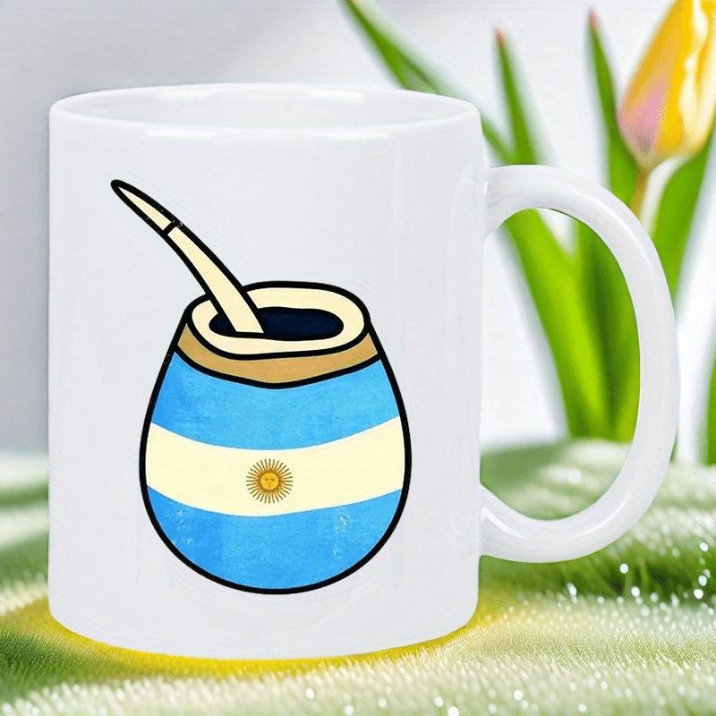 Tailorly White Ceramic 11 oz Mug - Traditional South American Beverage Vessel With Argentina Flag Sun Pattern Gourd