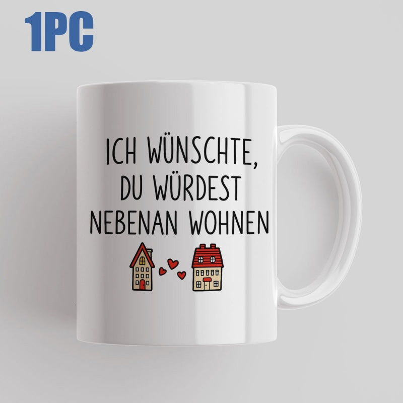 Tailorly White Ceramic 11 oz Mug - Charming Pair Of Houses Joined By Three Small Hearts Cottage