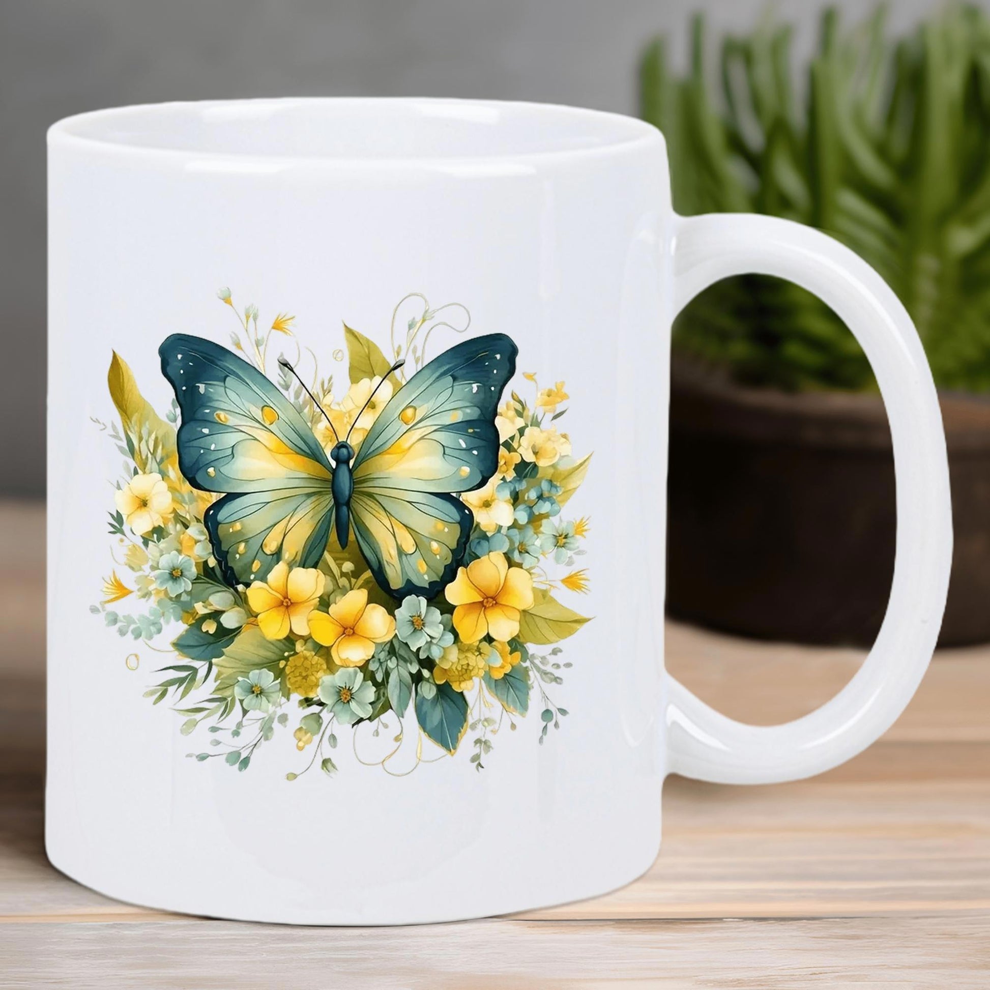 Tailorly White Ceramic 11 oz Mug - Vibrant Yellow Flowers Surrounding A Majestic Teal Winged Garden Butterfly