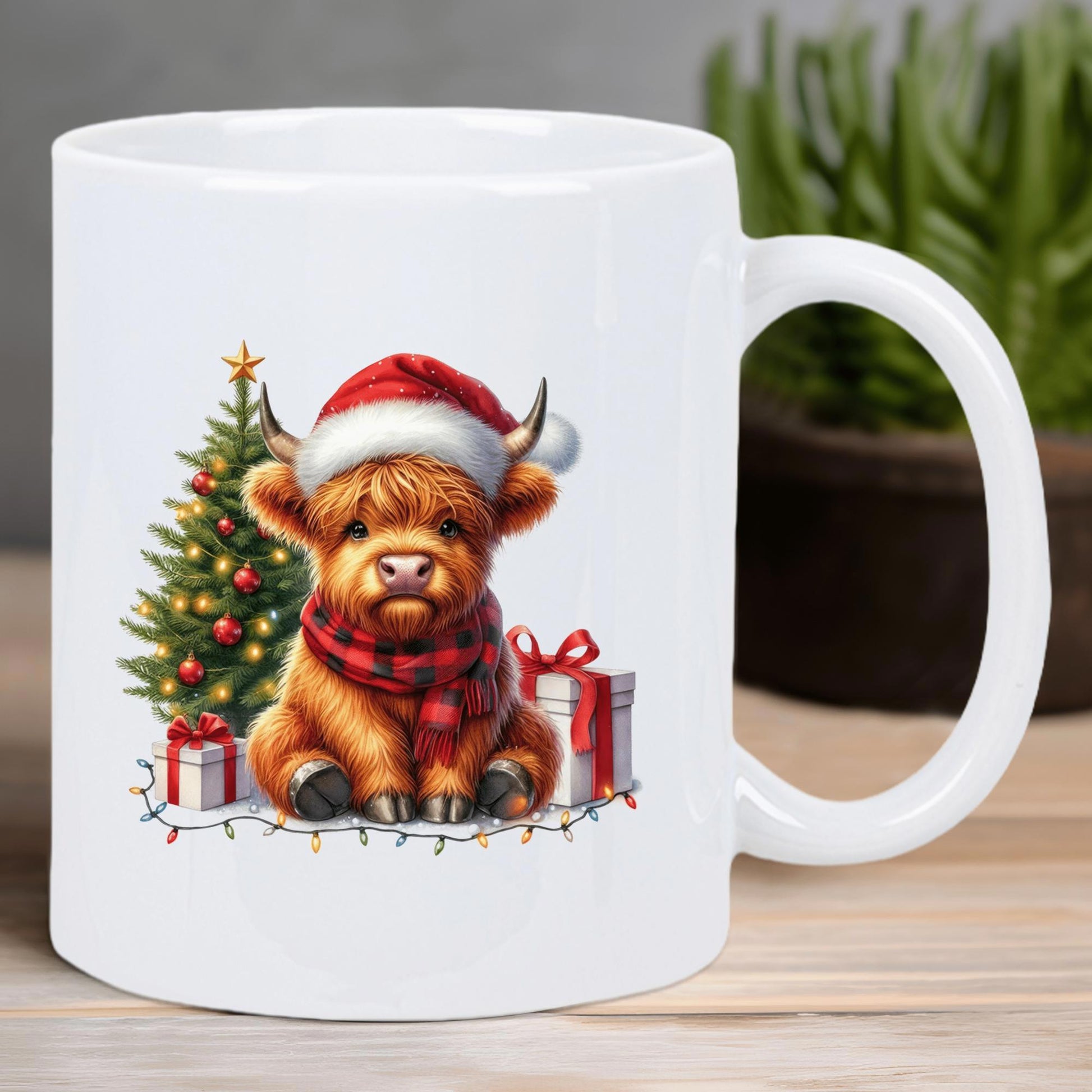 Tailorly White Ceramic 11 oz Mug - Festive Holiday Scene Featuring Adorable Fluffy Highland Cow Wearing Santa Hat Cow