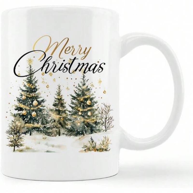 Tailorly White Ceramic 11 oz Mug - Merry Christmas Elegant Winter Landscape With Decorated Snowy Pine Trees Under Golden Stars Christmas Tree