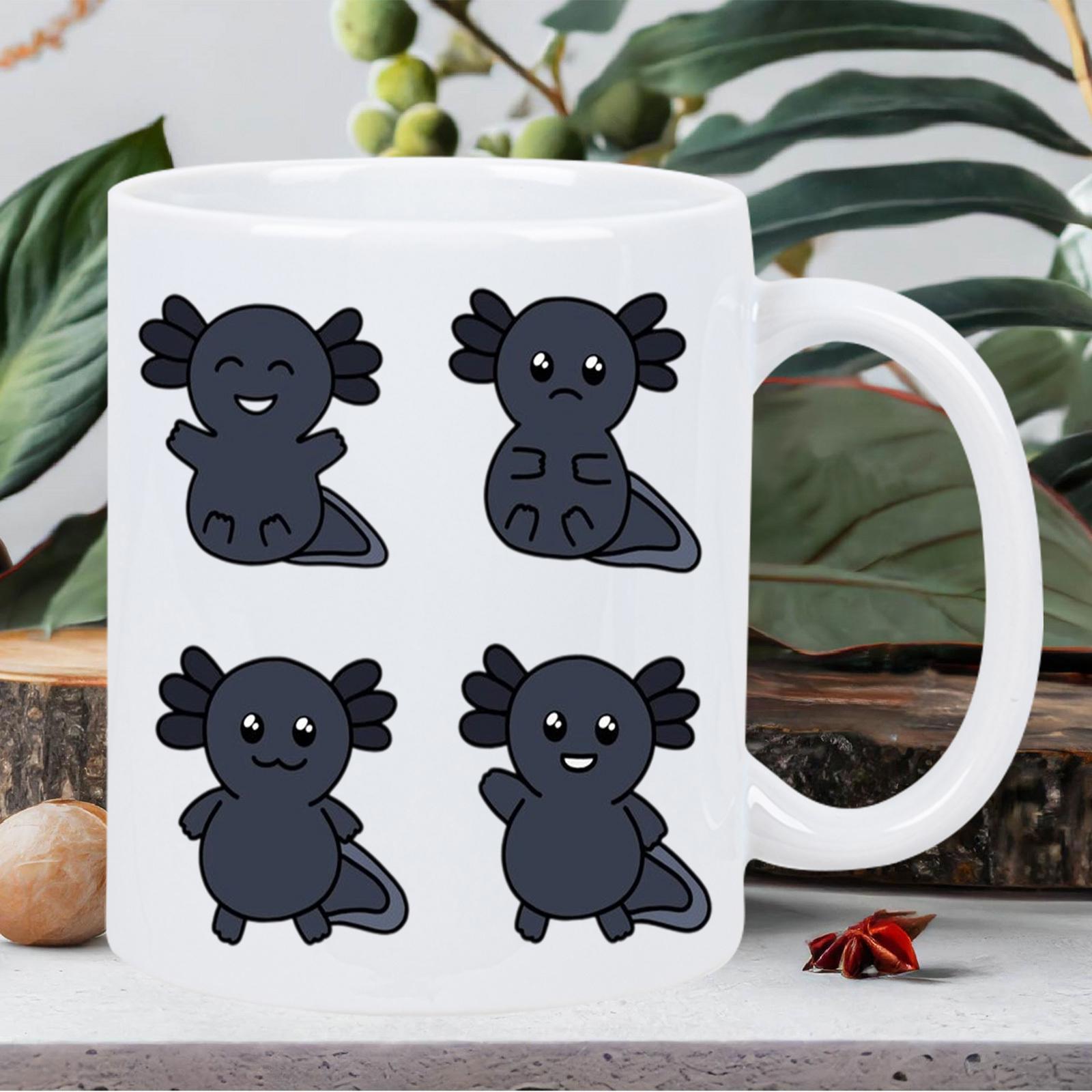 Tailorly White Ceramic 11 oz Mug - Four Adorable Dark Cartoon Salamanders Featuring Various Cute Facial Expressions Resting Axolotl