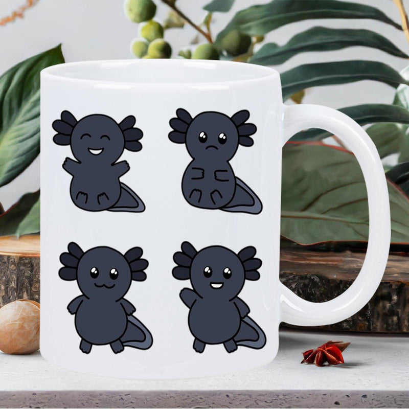 Tailorly White Ceramic 11 oz Mug - Four Adorable Dark Cartoon Salamanders Featuring Various Cute Facial Expressions Resting Axolotl