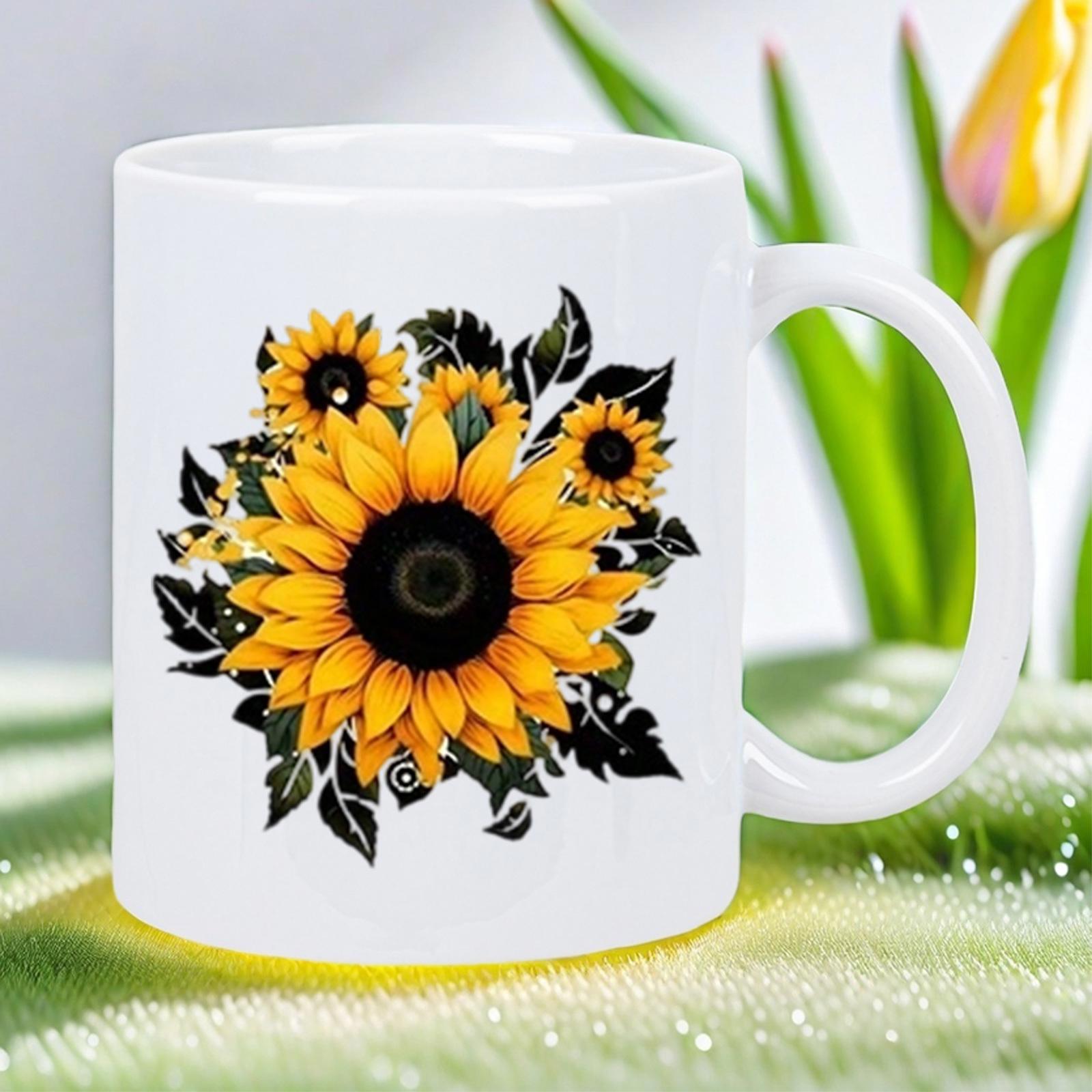 Tailorly White Ceramic 11 oz Mug - Vibrant Yellow Petals Among Intricate Dark Leaves And Artistic Floral Sunflower