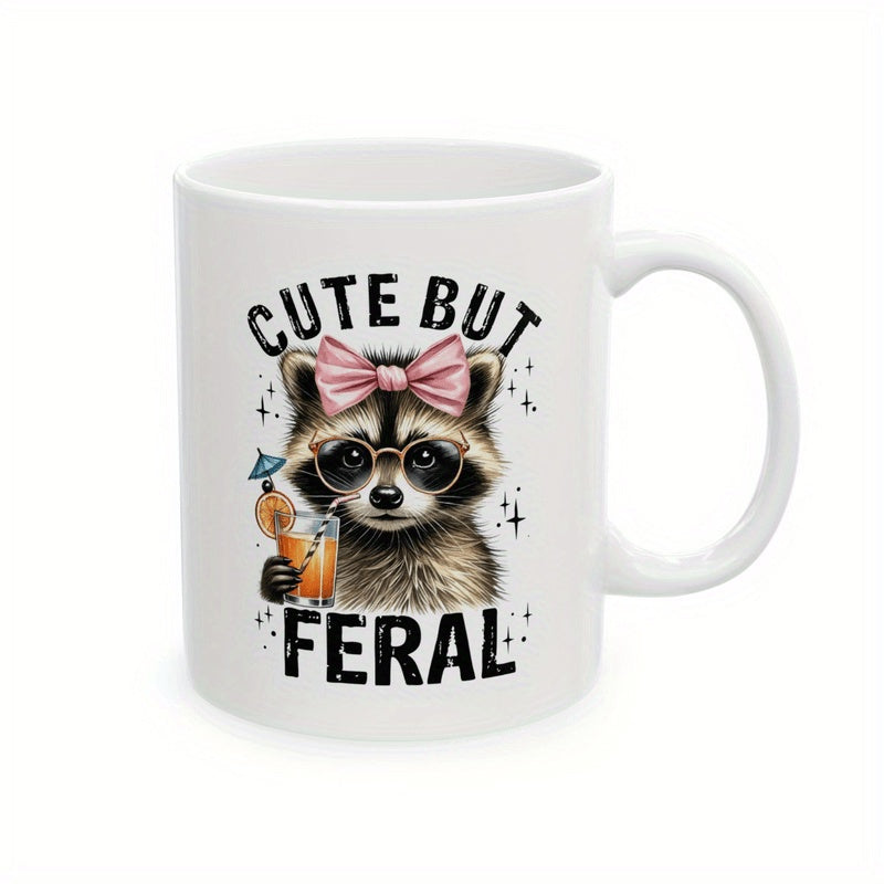 Tailorly White Ceramic 11 oz Mug - Cute But Feral Adorable Wearing Pink Bow And Glasses Holding Summer Drink With Sparkles Raccoon