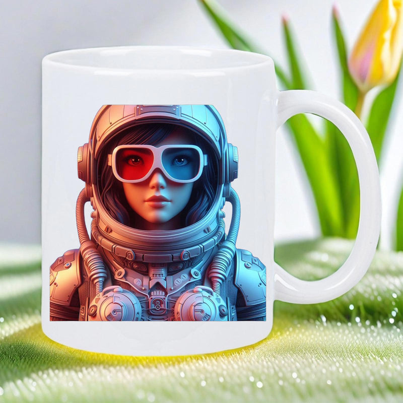 Tailorly White Ceramic 11 oz Mug - Futuristic Female Explorer Wearing 3D Glasses In Detailed Space Suit Astronaut