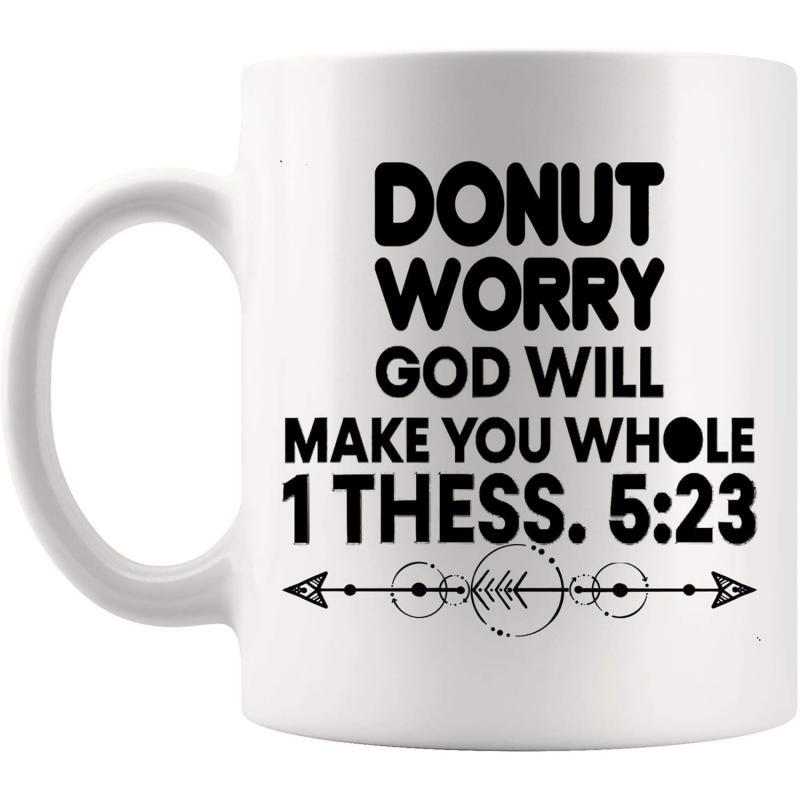 Tailorly White Ceramic 11 oz Mug - Donut Worry God Will Make You Whole 1 Thess 5 23 Decorative Tribal Arrow With Geometric Circles And Fine Line Details Mug
