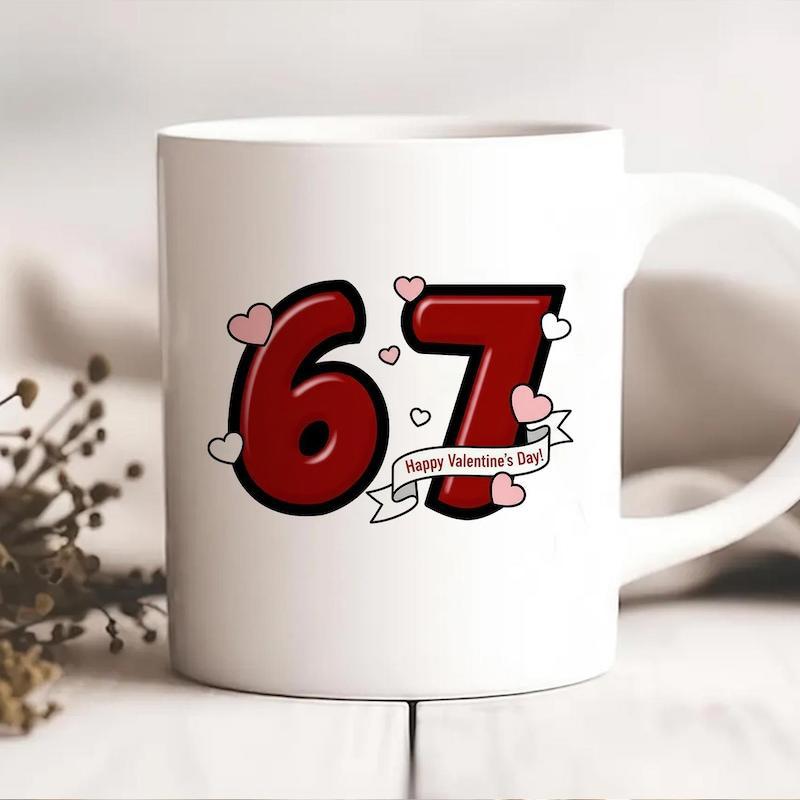 Tailorly White Ceramic 11 oz Mug - Happy Valentine's Day Large Red Number Sixty Seven With Floating Pink Hearts And Romantic Banner Mug