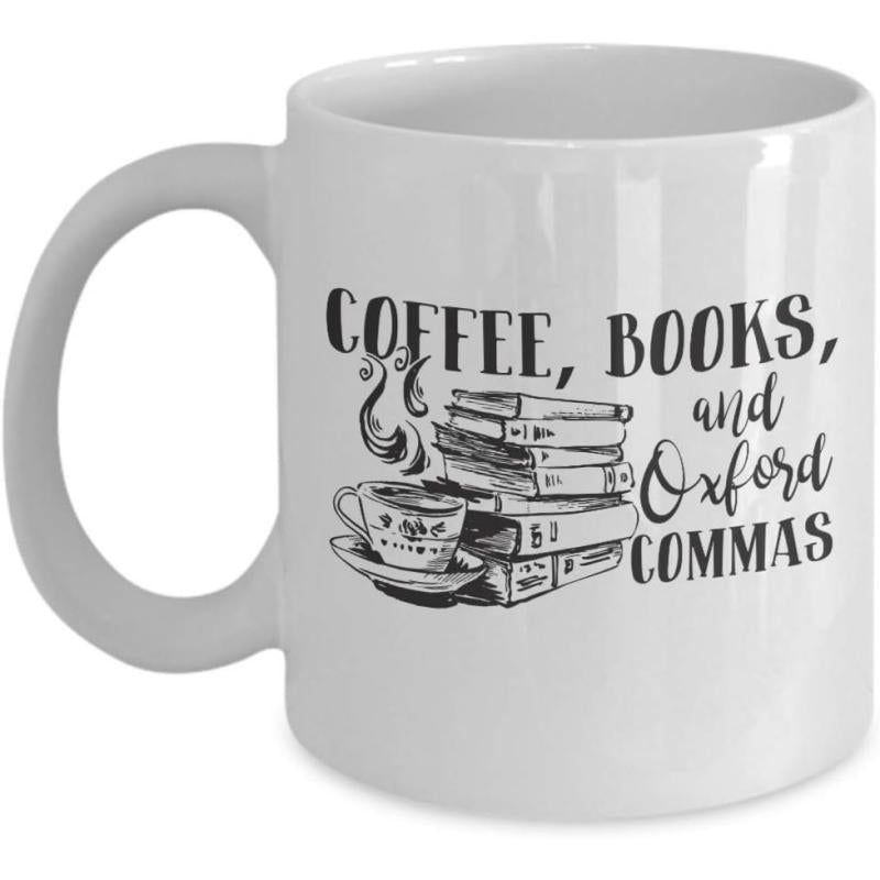 Tailorly White Ceramic 11 oz Mug - Coffee Books And Oxford Commas Stacked Literature Volumes Beside A Steaming Ceramic Mug With Swirling Coffee Vapor Books