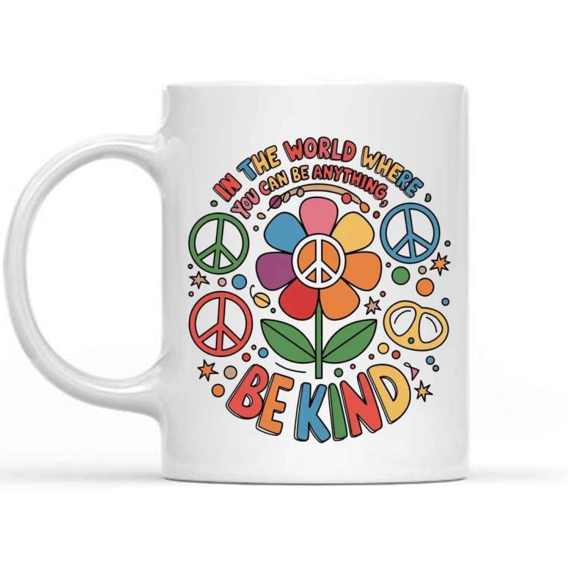 Tailorly White Ceramic 11 oz Mug - In The World Where You Can Be Anything Be Kind Colorful Petals Featuring Retro Peace Symbols Among Vintage Groovy Stars Flower