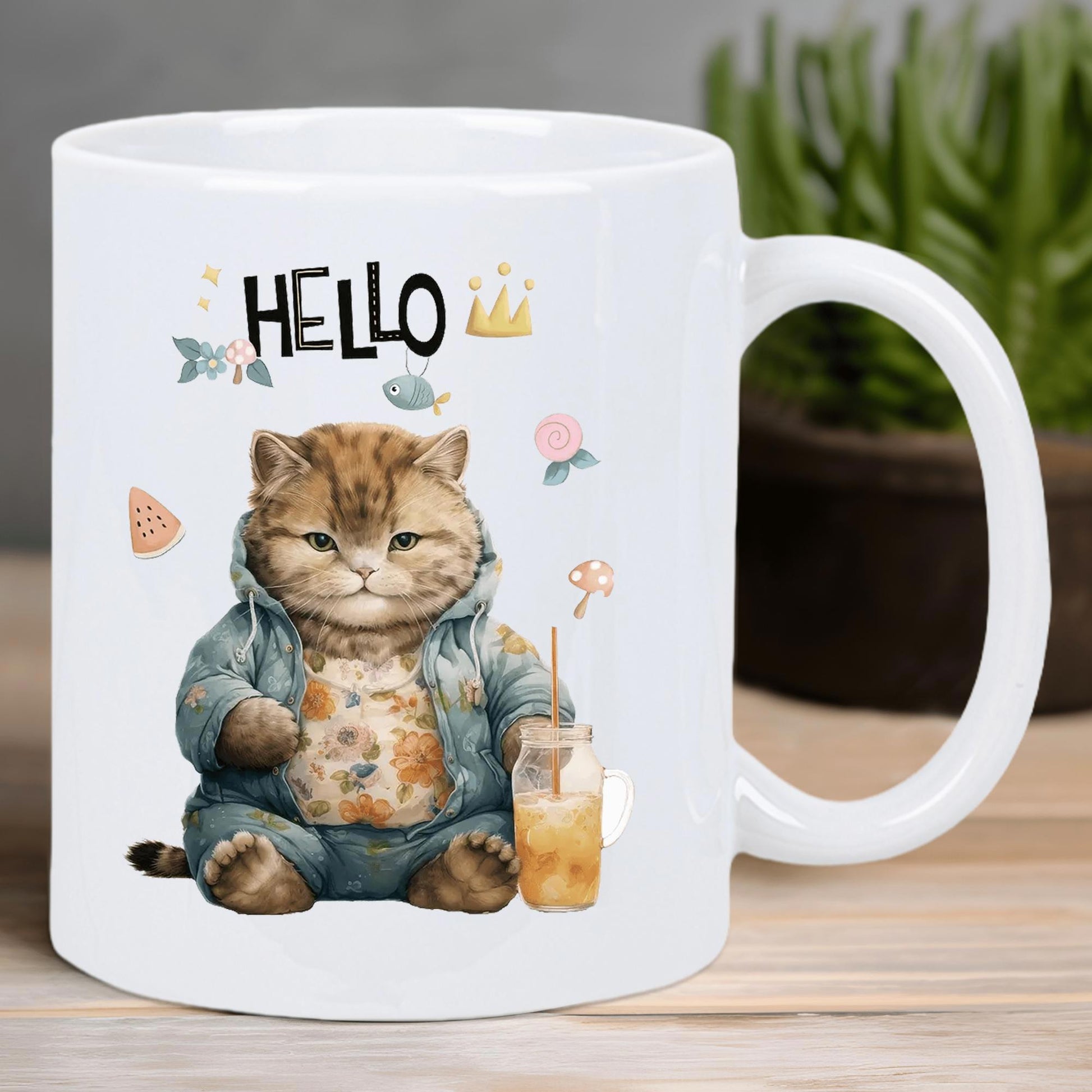 Tailorly White Ceramic 11 oz Mug - Hello Adorable Chubby Feline Wearing Blue Denim Hoodie Drinking Cold Coffee Beverage Cat