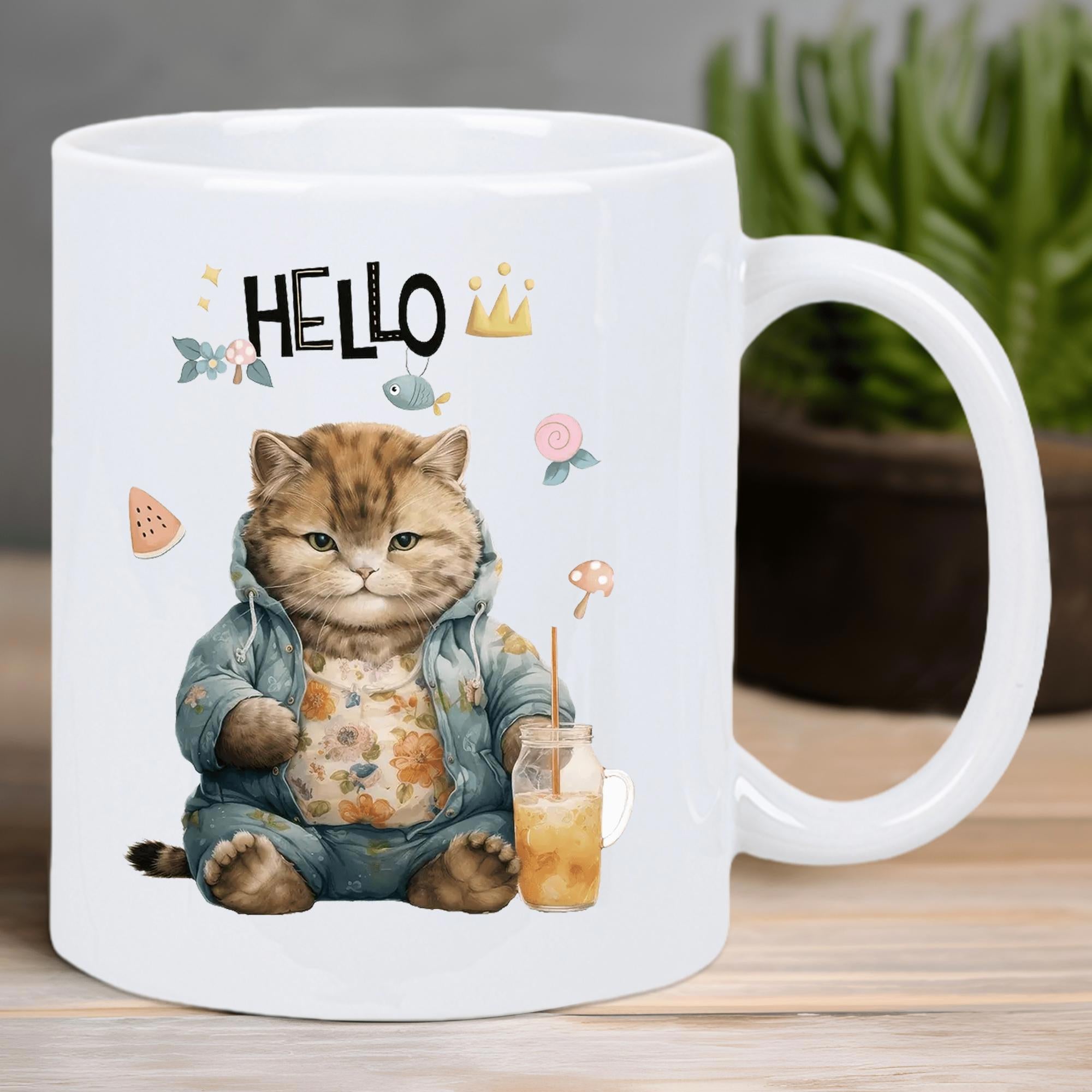 Tailorly White Ceramic 11 oz Mug - Hello Adorable Chubby Feline Wearing Blue Denim Hoodie Drinking Cold Coffee Beverage Cat