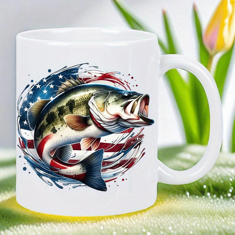 Tailorly White Ceramic 11 oz Mug - Patriotic American Flag Backdrop With Artistic Water Splashes Jumping Largemouth Bass