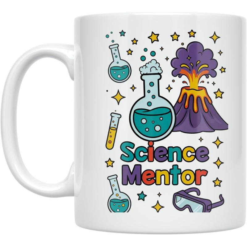 Tailorly White Ceramic 11 oz Mug - Science Mentor Vibrant Erupting Volcano Among Colorful Laboratory Beakers And Bubbling Science Equipment Volcano
