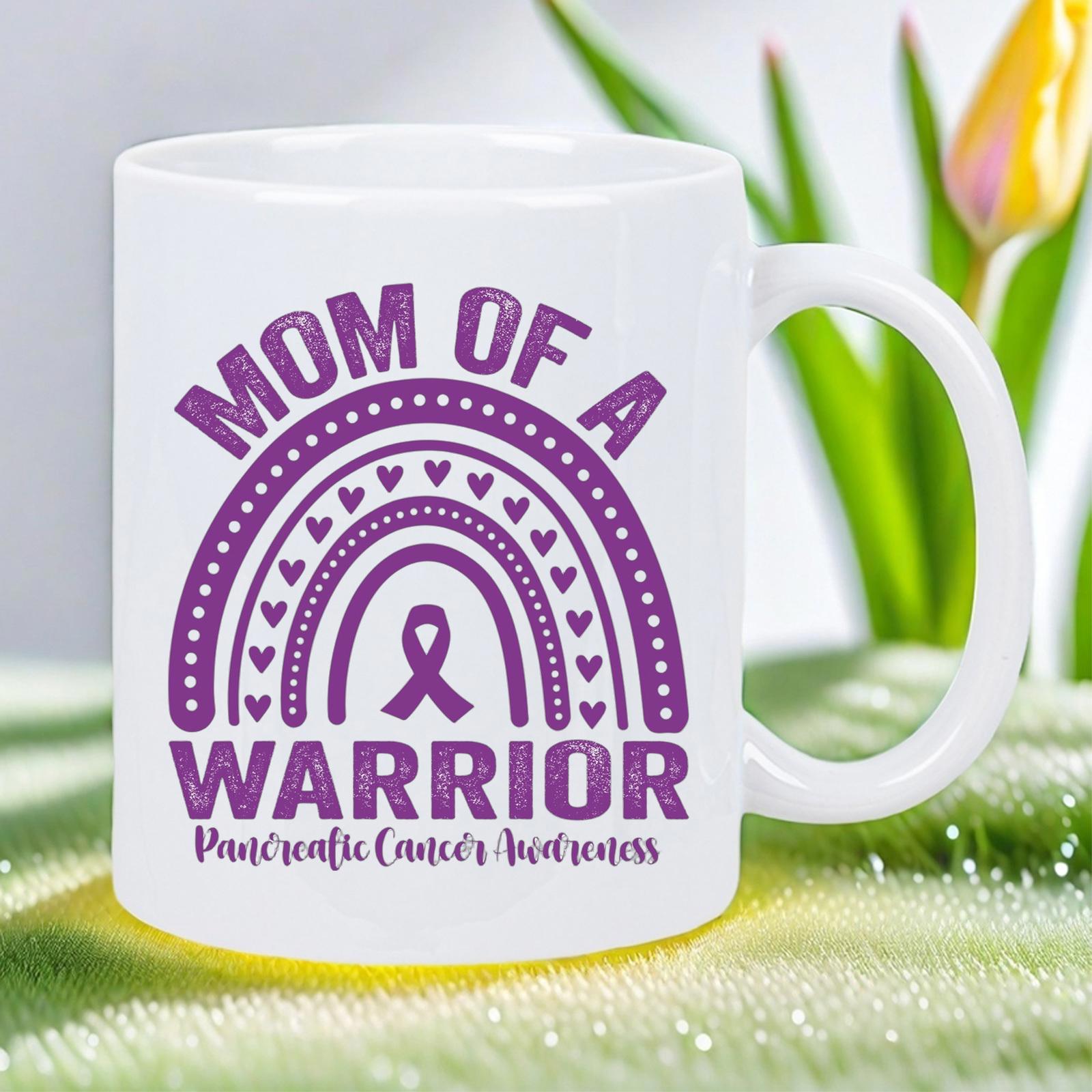 Tailorly White Ceramic 11 oz Mug - Mom Of A Warrior Pancreatic Cancer Awareness Purple Decorative Heart Rainbow With Symbolic Ribbon Awareness Mug