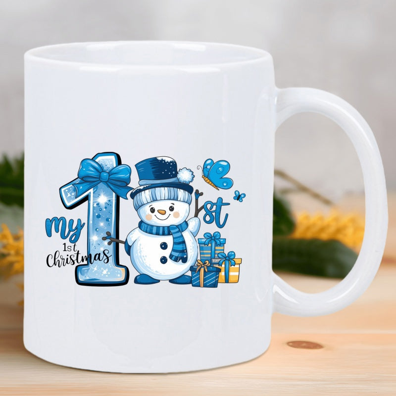 Tailorly White Ceramic 11 oz Mug - My 1st Christmas Joyful Winter Holiday Scene With Blue Accessories And Small Wrapped Gifts Snowman