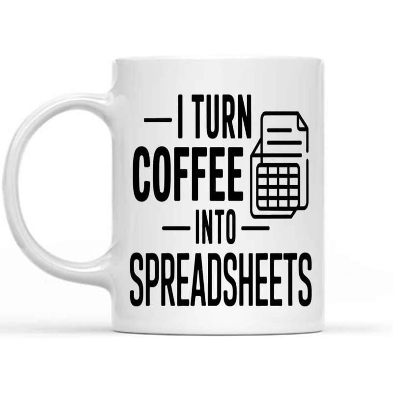 Tailorly White Ceramic 11 oz Mug - I Turn Coffee Into Spreadsheets Minimalist Black Line Art Office Document Grid Graphic Mug