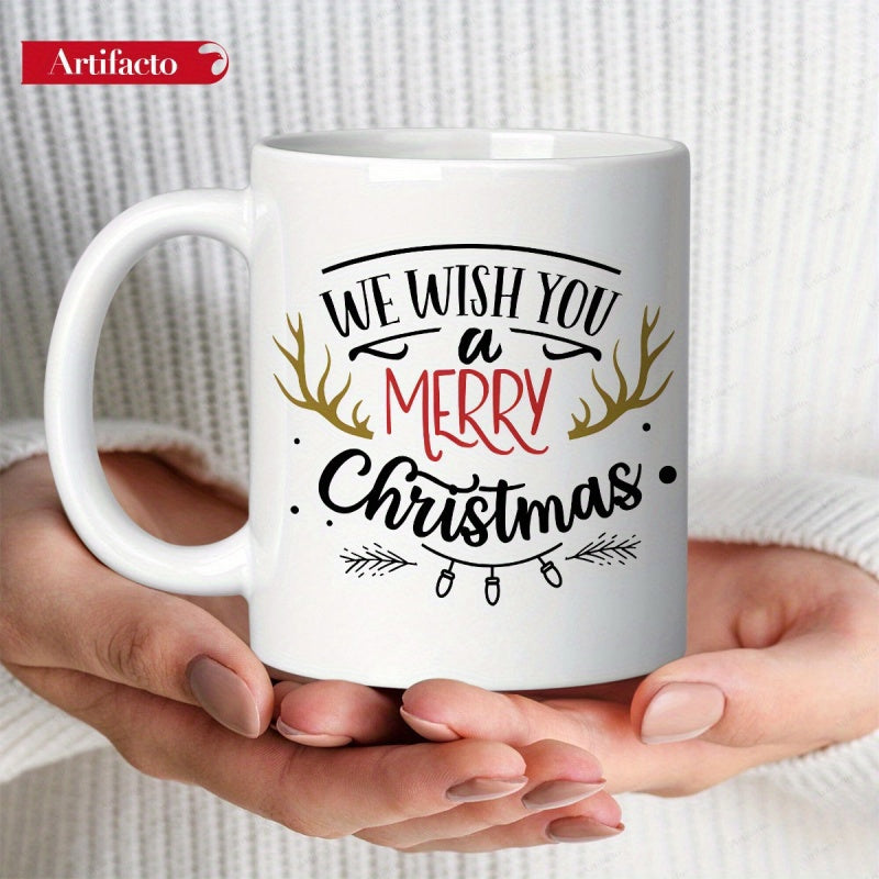 Tailorly White Ceramic 11 oz Mug - We Wish You A Merry Christmas Rustic Reindeer Antlers Among Festive Hanging Lights And Branches Mug