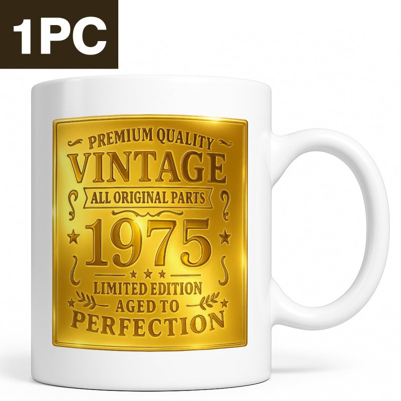 Tailorly White Ceramic 11 oz Mug - Vintage All Original Parts 1975 Limited Edition Aged To Perfection Elegant Metallic Gold Label With Stars And Decorative
