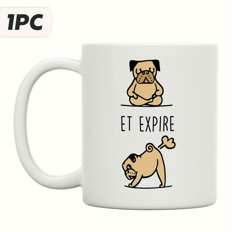 Tailorly White Ceramic 11 oz Mug - Et Expire Cute Cartoon Dog Doing Yoga Poses While Meditating And Exhaling Pug