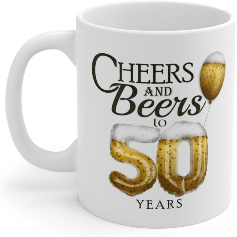 Tailorly White Ceramic 11 oz Mug - Cheers Beers 50 Years Golden Beer Filled Numbers Celebrating A Milestone Fiftieth Birthday Balloon