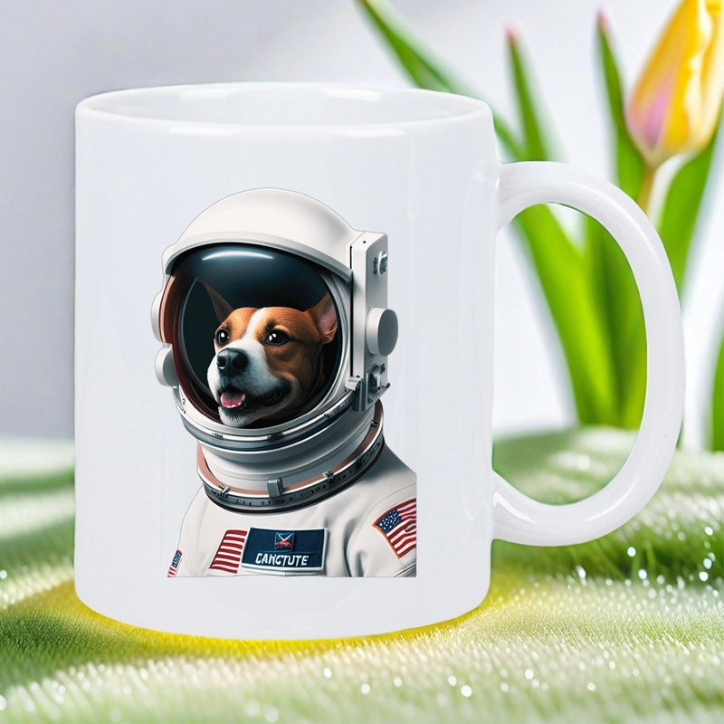 Tailorly White Ceramic 11 oz Mug - Detailed White Astronaut Suit Featuring Realistic Brown And White Face Dog