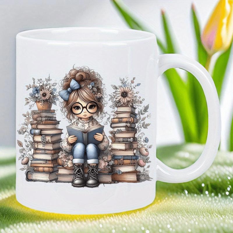 Tailorly White Ceramic 11 oz Mug - Whimsical Little Reader Sitting Between Tall Stacks Of Old Floral Books Girl