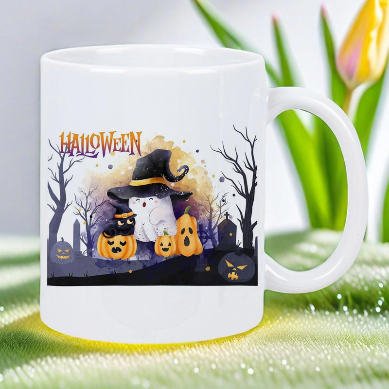 Tailorly White Ceramic 11 oz Mug - Halloween Spooky Night With A Cute Ghost And Pumpkins Under Dead Trees Scene