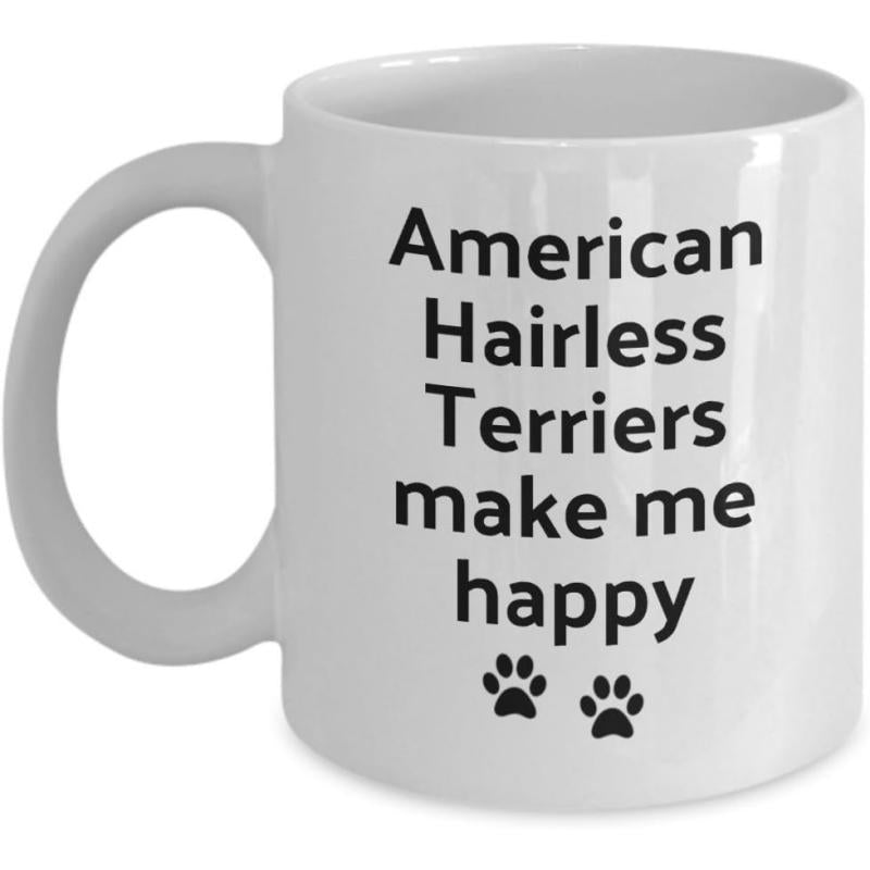 Tailorly White Ceramic 11 oz Mug - American Hairless Terriers Make Me Happy Minimalist Black Paw Prints Pattern On A Smooth Pure