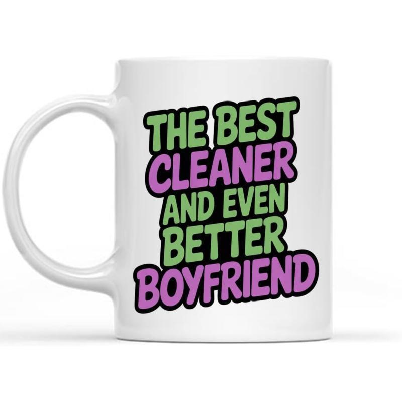 Tailorly White Ceramic 11 oz Mug - The Best Cleaner And Even Better Boyfriend Vibrant Colorful Block Style Script With Playful Artistic Outlines Typography