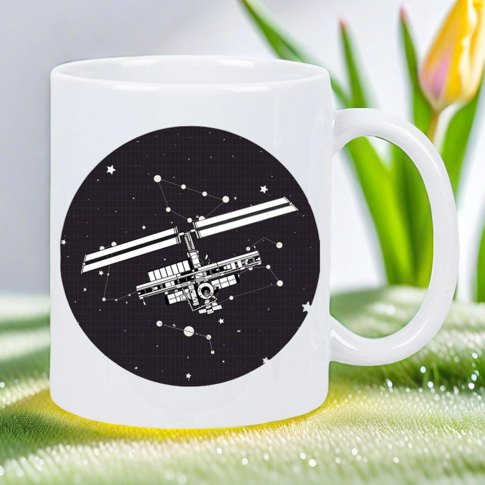 Tailorly White Ceramic 11 oz Mug - Detailed Technical Silhouette Orbiting Among Distant Stars Within Dark Circular Void Space Station