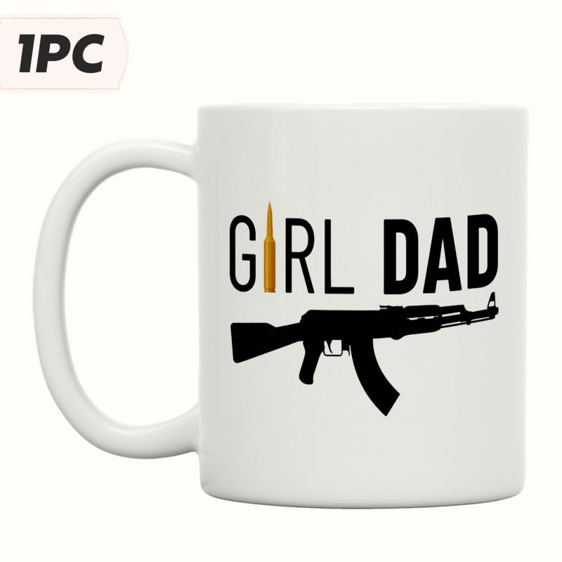 Tailorly White Ceramic 11 oz Mug - Girl Dad Tactical Silhouette Of Assault Weapon With Golden Bullet For Fatherhood Rifle