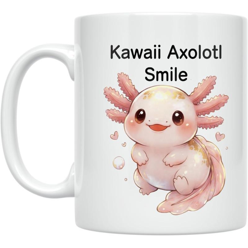 Tailorly White Ceramic 11 oz Mug - Kawaii Axolotl Smile Cute Pink Aquatic Creature Floating With Tiny Bubbles And Charming Smile Axolotl