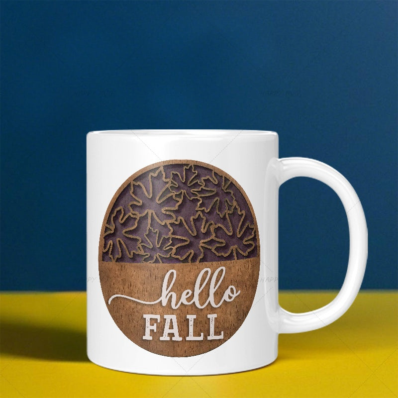 Tailorly White Ceramic 11 oz Mug - Hello Fall Intricate Layered Wood Texture Circle Featuring Beautiful Detailed Autumn Maple Leaf