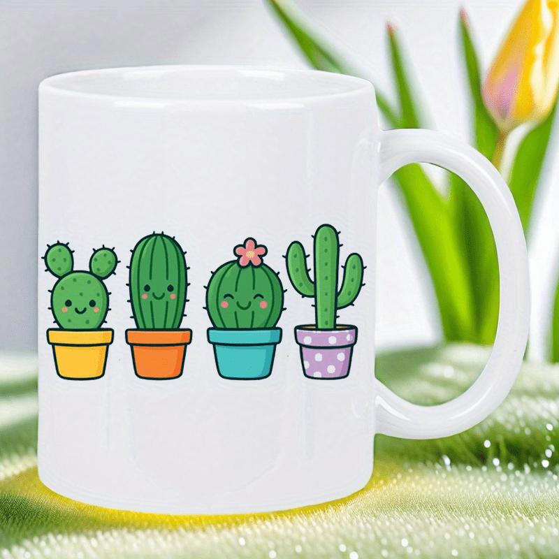 Tailorly White Ceramic 11 oz Mug - Cute Smiling Potted Green Succulents With Tiny Pink Flower Details Cactus