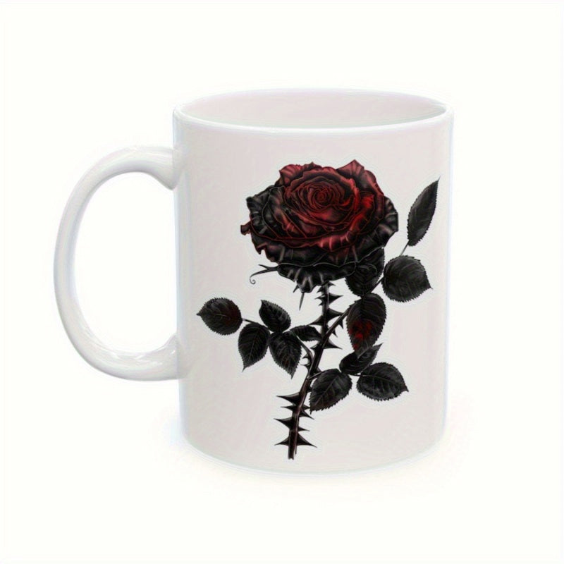 Tailorly White Ceramic 11 oz Mug - Gothic Dark Red Petals With Sharp Thorns And Black Leaves Rose